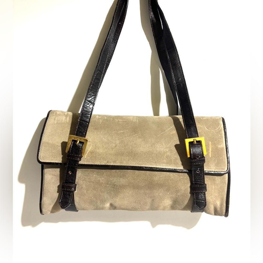 Nero & Nero Tan suede leather beige & brown Shoulder Bag with Buckle Accents